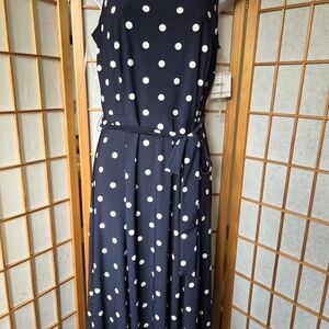 NWT ANNE KLEIN BLUE/WHITE POLKA DOT STRETCH SLEEVELESS FIT & FLARE DRESS SIZE 6